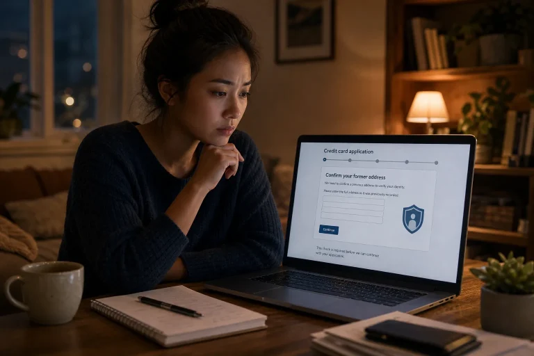 Concerned woman sitting at a desk at night looking at laptop screen with a credit card application form