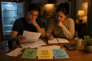 Couple sitting at a table in warm light reviewing documents with notes and pens