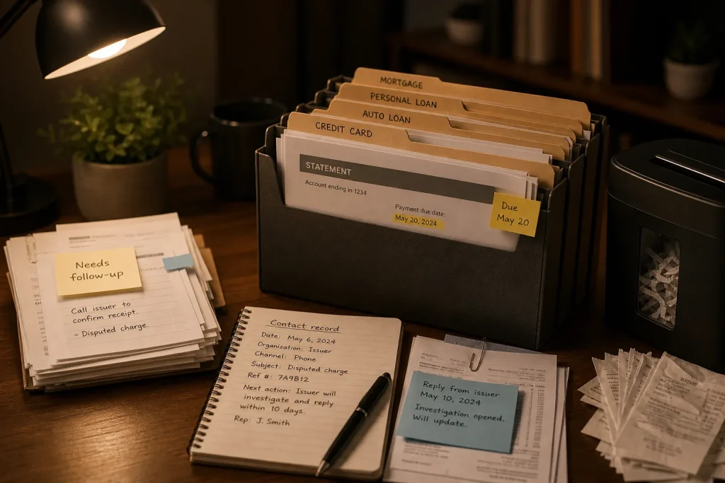 Desk with organized paperwork including folders labeled loans and credit cards under warm lamp light