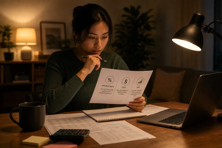 Woman in green sweater studying financial document at desk with laptop and lamp in warm indoor lighting