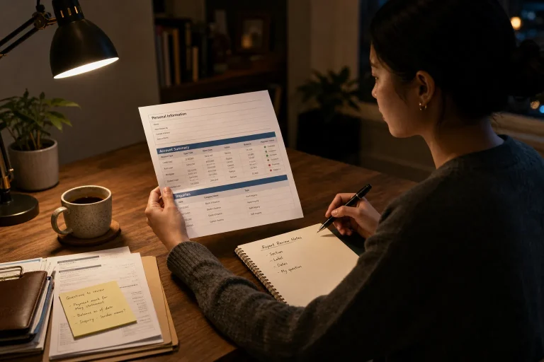 Woman sitting at wooden desk under lamp light reviewing documents and taking handwritten notes